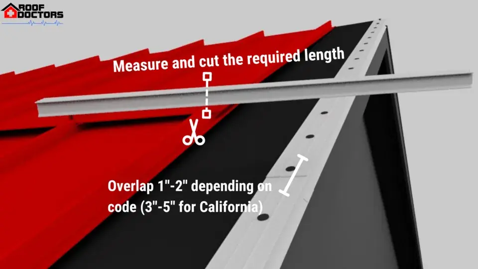3d model infographic illustration of a red roof with black wall exterior showcasing DIY installation of a drip edge . It shows where to measure and cut the required length with the overlap depending on code for California.