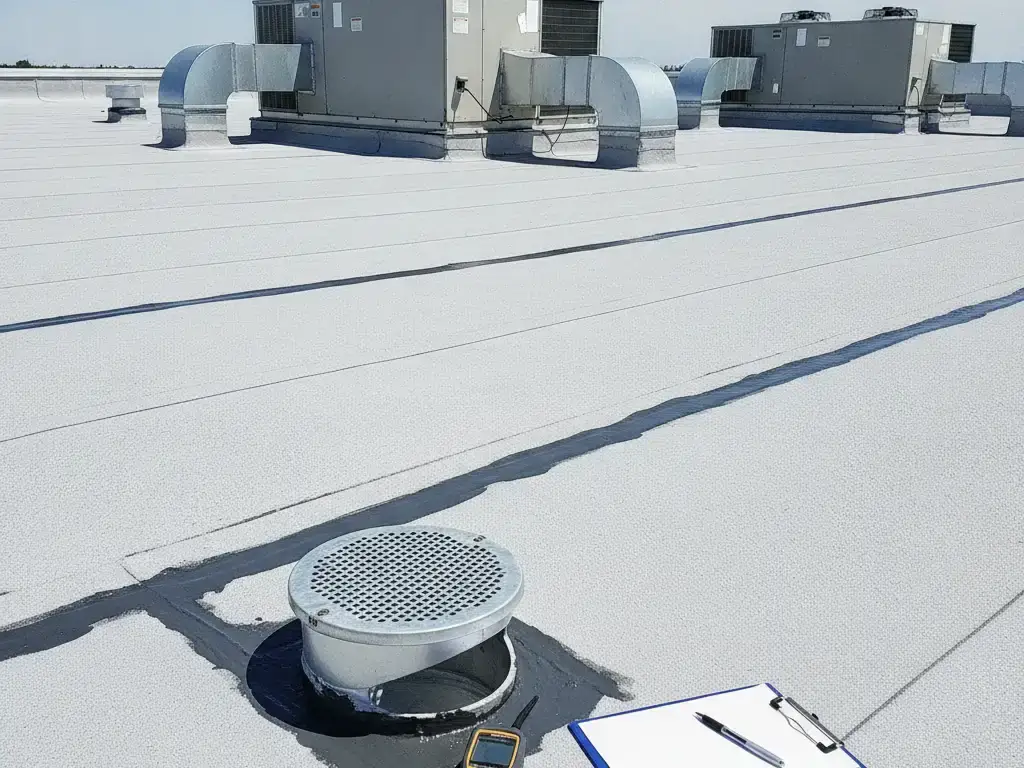 Commercial flat roof during a maintenance visit with sealed seams, clear drains, and inspection tools