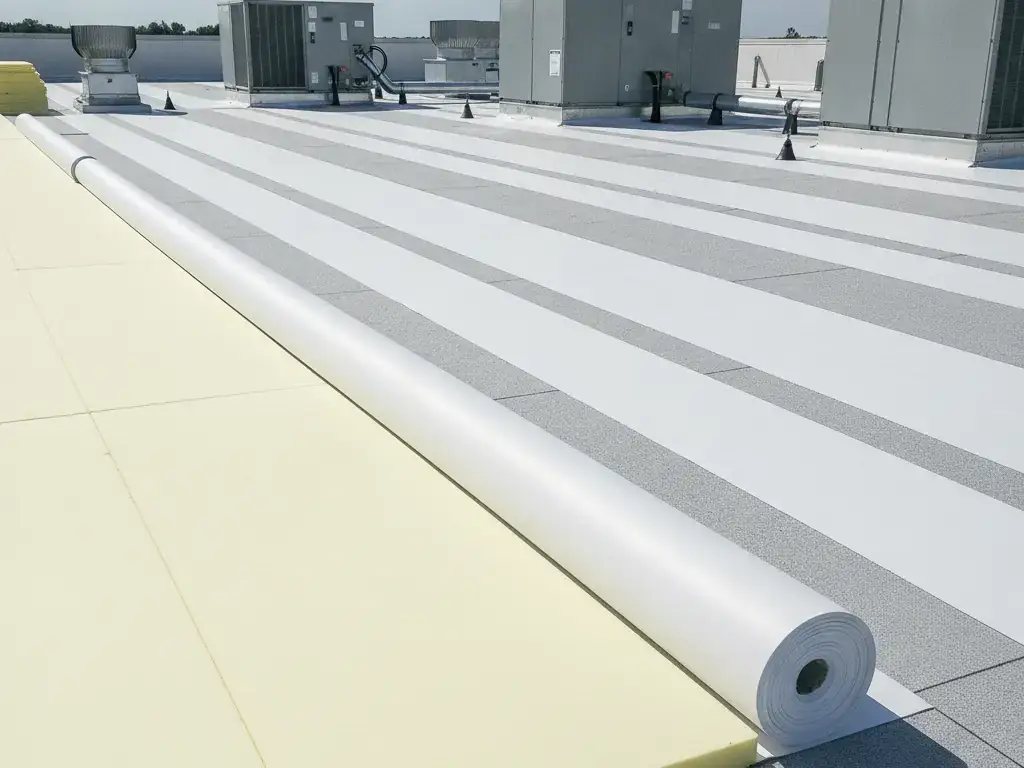 New commercial building roof mid-installation with fresh insulation and membrane being laid