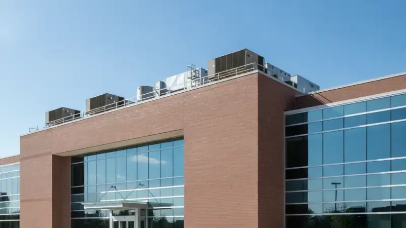 Medical and institutional building with a flat roof and rooftop mechanical equipment