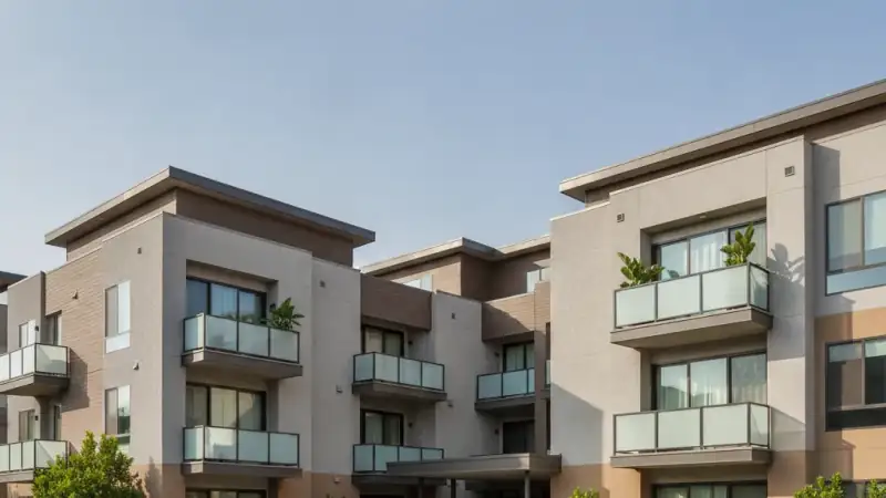 Multifamily apartment building complex with low-slope roofs and multiple units