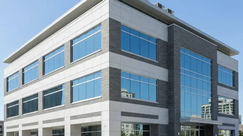 Multi-story office and professional building with a flat low-slope roof