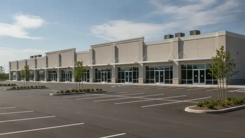 Retail shopping center strip with a long flat roofline and storefront canopies