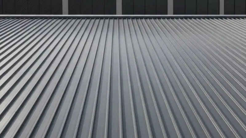 Standing-seam metal roof panels on a commercial building catching daylight