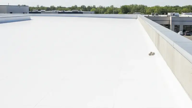 White TPO single-ply membrane on a commercial flat roof with heat-welded seams