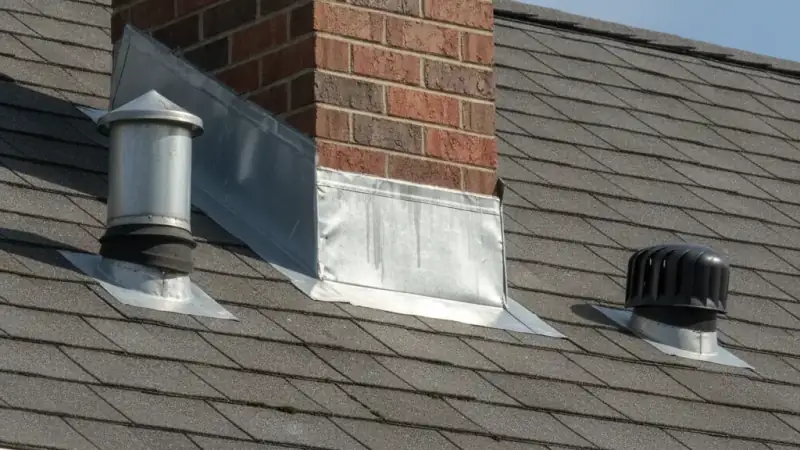 Roof flashing around a chimney and vent penetrations on a residential roof