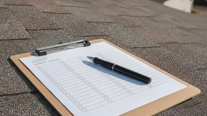 Clipboard with a blank inspection checklist resting on a residential rooftop