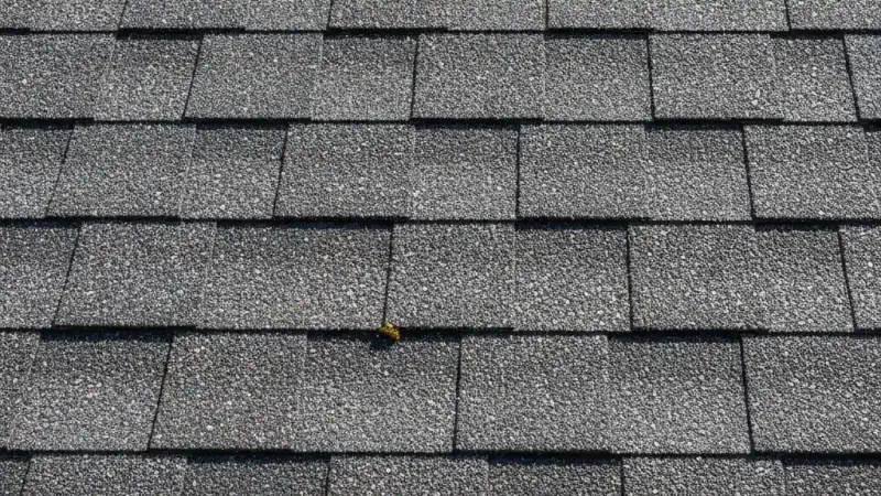 Close-up inspection view of a residential asphalt shingle roof surface