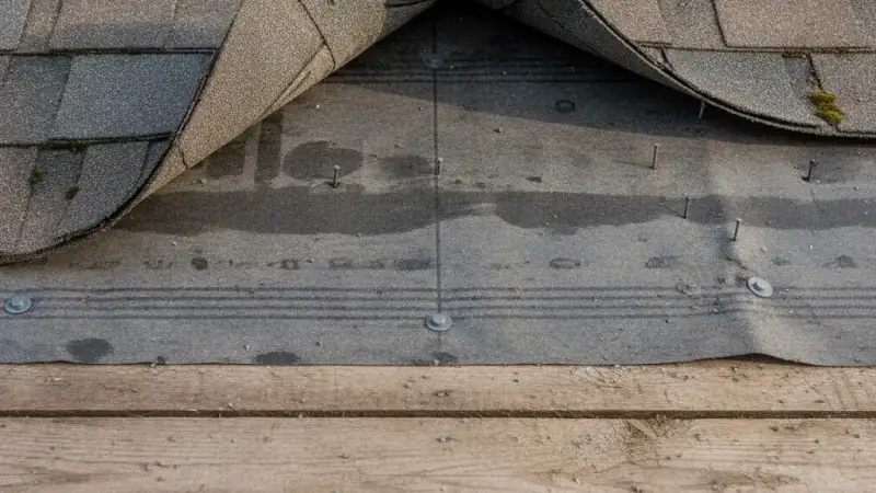 Exposed roof underlayment and decking beneath shingles on a residential roof