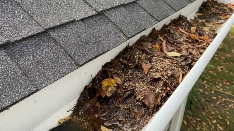 Residential gutter with autumn leaves partially cleared, showing clean and clogged sections