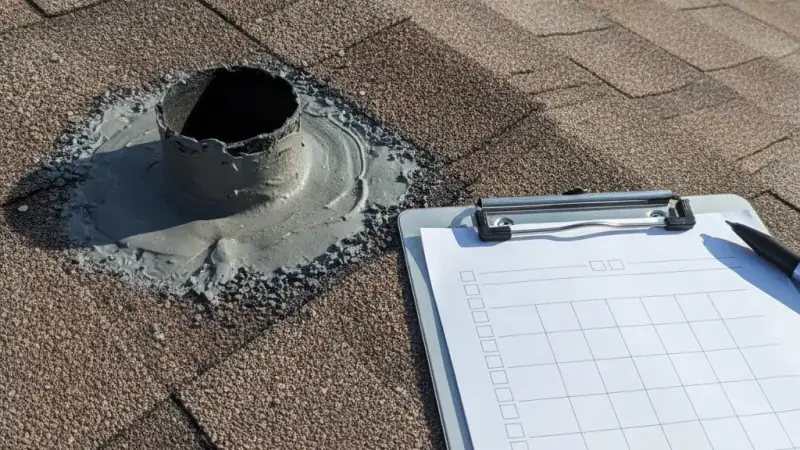 Freshly sealed roof penetration beside a clipboard on a residential rooftop