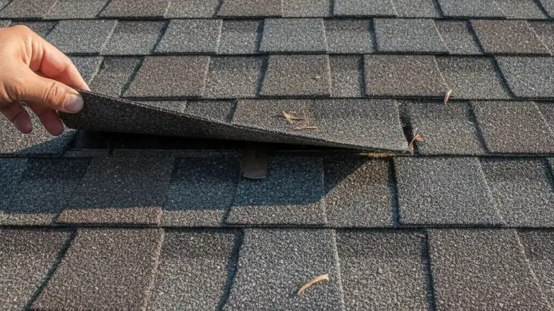 Residential shingle roof surface inspected for lifted or cracked shingles