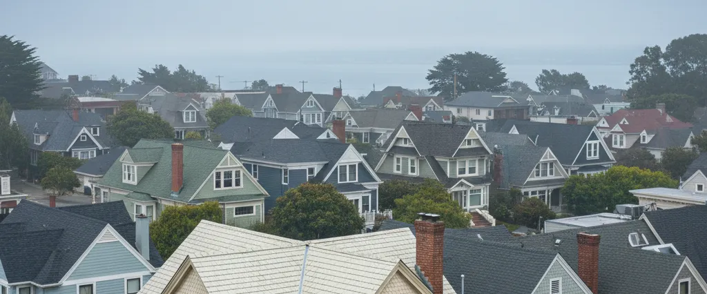 Well-maintained residential rooftops in Alameda, Alameda County, California, with rolling hills and coastal haze