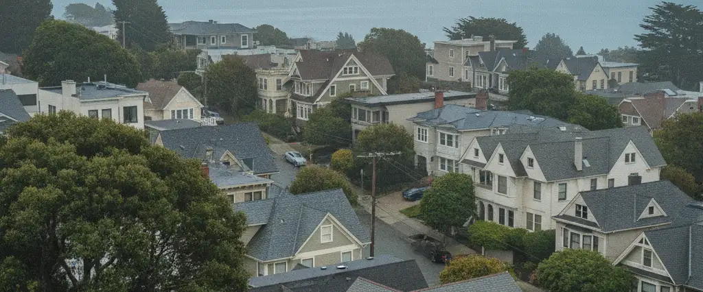 Well-maintained residential rooftops in Berkeley, Alameda County, California, with rolling hills and coastal haze