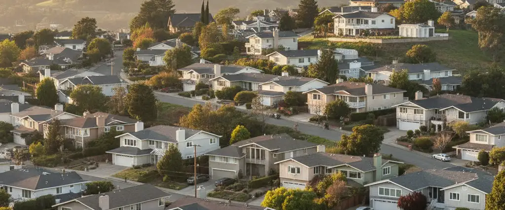 Well-maintained residential rooftops in Castro Valley, Alameda County, California, with rolling hills and coastal haze