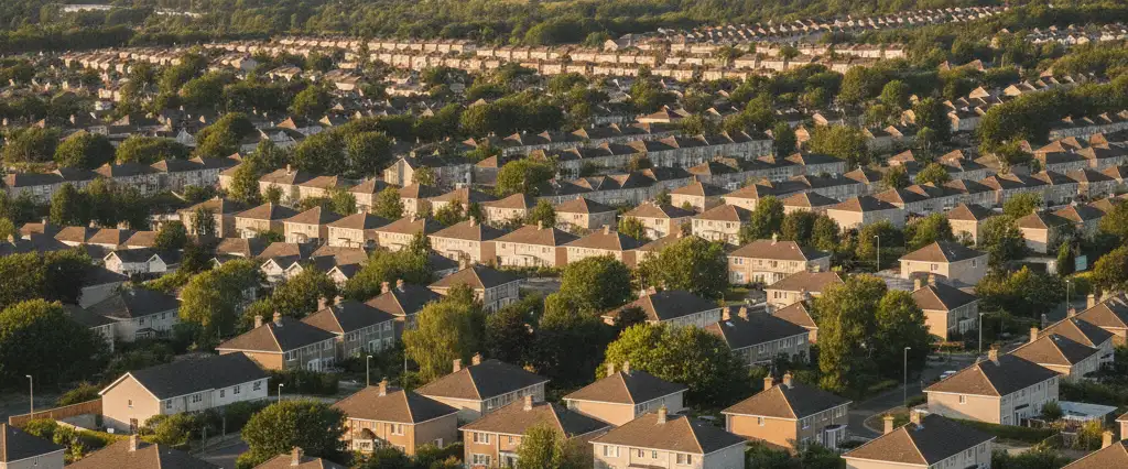 Well-maintained residential rooftops in Dublin, Alameda County, California, with rolling hills and coastal haze