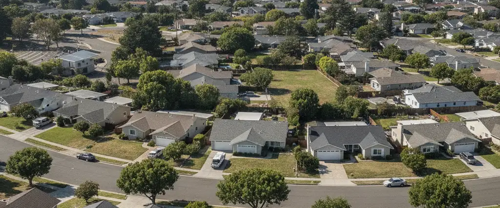 Well-maintained residential rooftops in Fremont, Alameda County, California, with rolling hills and coastal haze