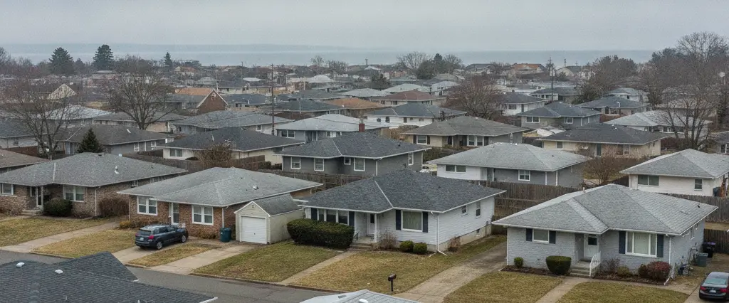 Well-maintained residential rooftops in Newark, Alameda County, California, with rolling hills and coastal haze