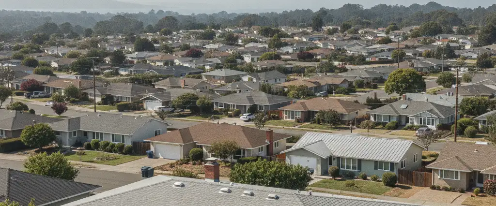 Well-maintained residential rooftops in San Leandro, Alameda County, California, with rolling hills and coastal haze