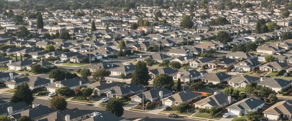 Well-maintained residential rooftops in Union City, Alameda County, California, with rolling hills and coastal haze