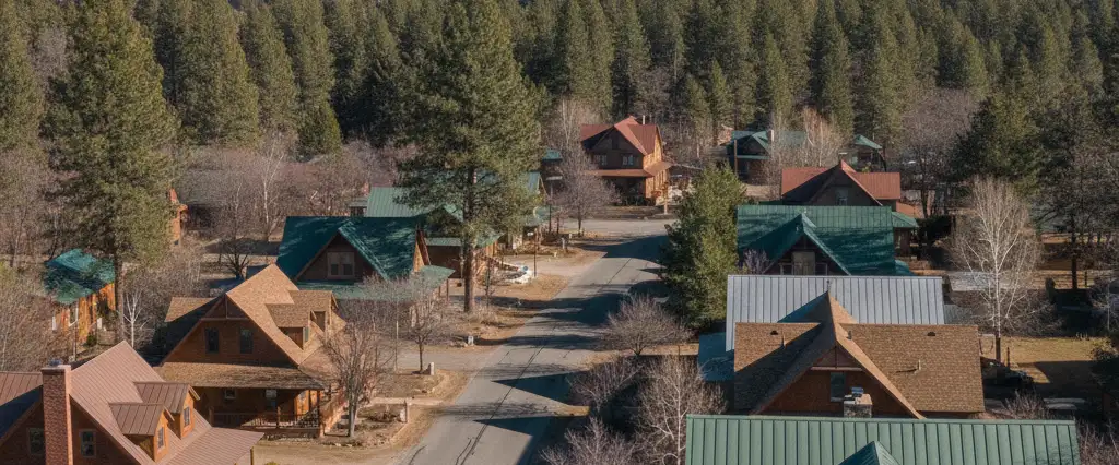 Well-maintained residential rooftops in Jackson, Amador County, California, with pine forest and the Sierra beyond