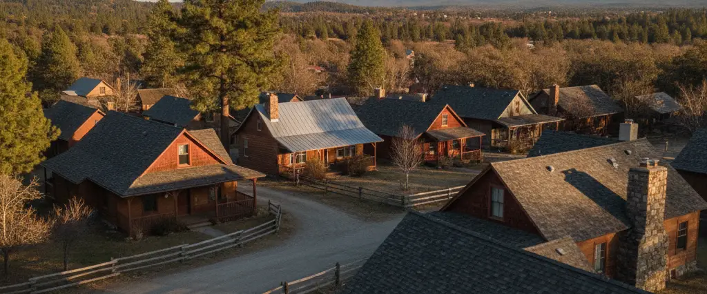Well-maintained residential rooftops in Plymouth, Amador County, California, with pine forest and the Sierra beyond
