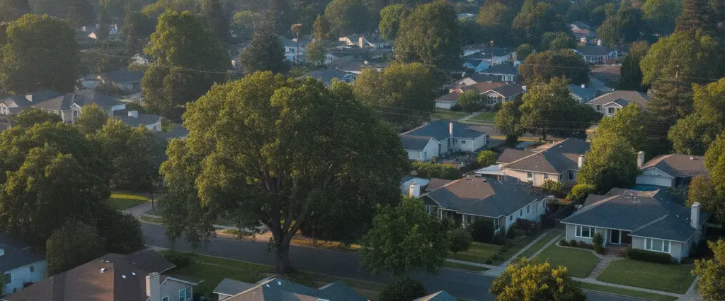 Well-maintained residential rooftops in Chico, Butte County, California, with the open valley and distant foothills