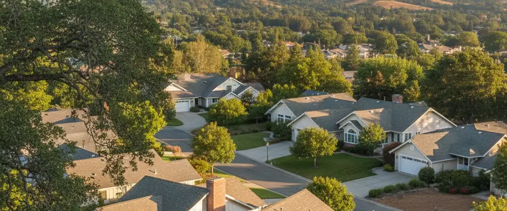 Well-maintained residential rooftops in Alamo, Contra Costa County, California, with rolling hills and coastal haze