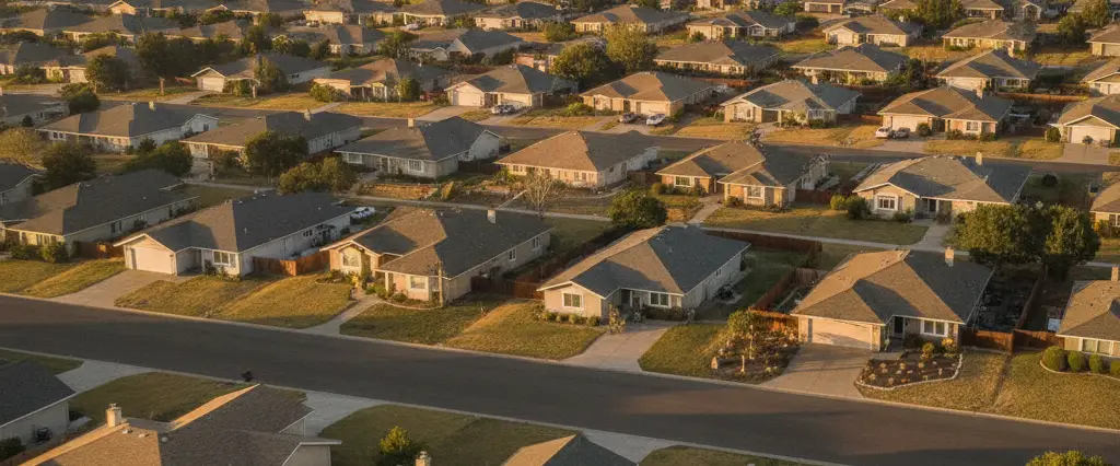Well-maintained residential rooftops in Antioch, Contra Costa County, California, with rolling hills and coastal haze
