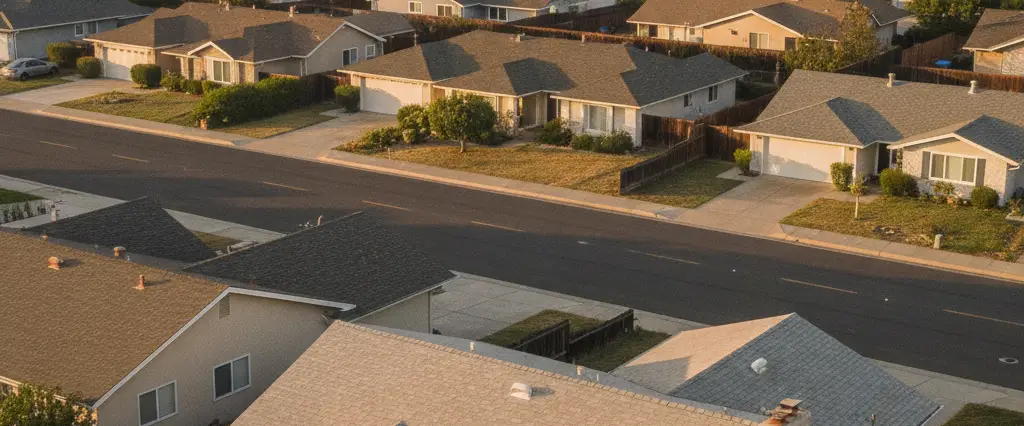 Well-maintained residential rooftops in Brentwood, Contra Costa County, California, with rolling hills and coastal haze