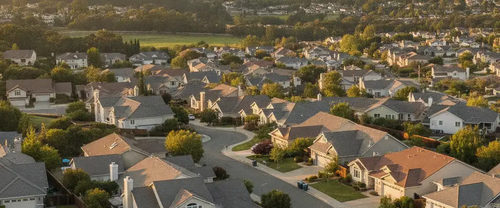 Well-maintained residential rooftops in Danville, Contra Costa County, California, with rolling hills and coastal haze