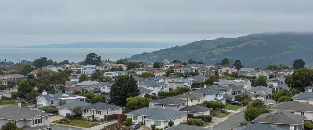 Well-maintained residential rooftops in Hercules, Contra Costa County, California, with rolling hills and coastal haze