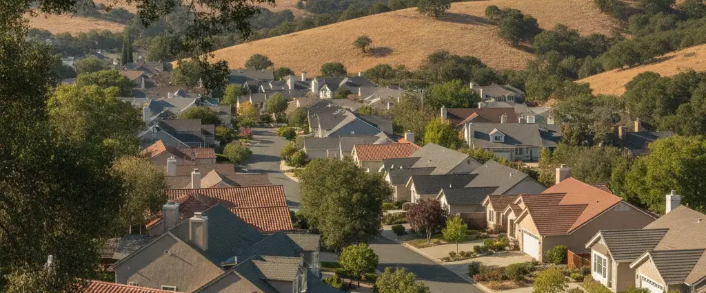 Well-maintained residential rooftops in Lafayette, Contra Costa County, California, with rolling hills and coastal haze