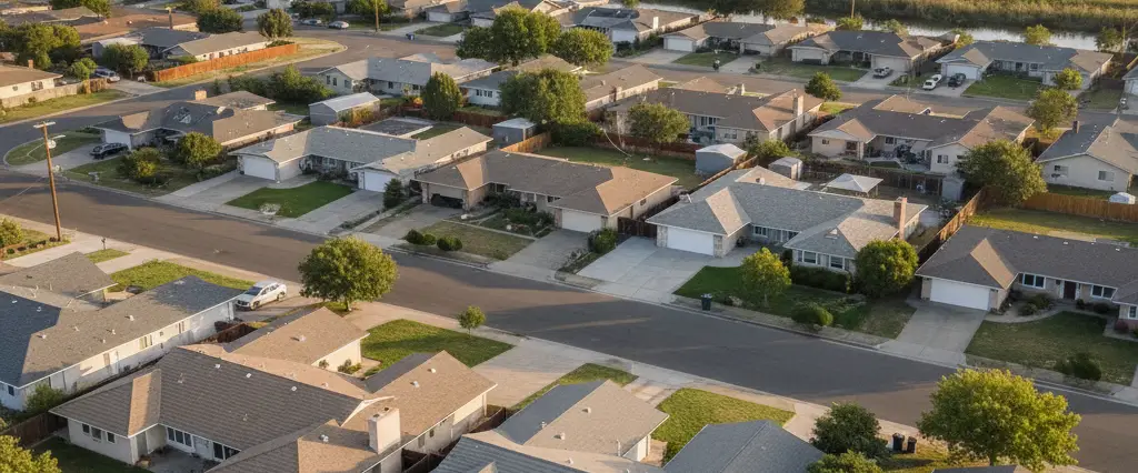Well-maintained residential rooftops in Oakley, Contra Costa County, California, with rolling hills and coastal haze