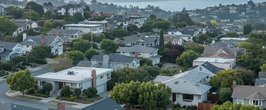 Well-maintained residential rooftops in Pinole, Contra Costa County, California, with rolling hills and coastal haze