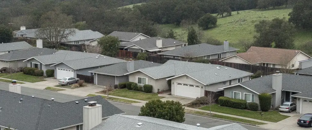 Well-maintained residential rooftops in Pleasant Hill, Contra Costa County, California, with rolling hills and coastal haze