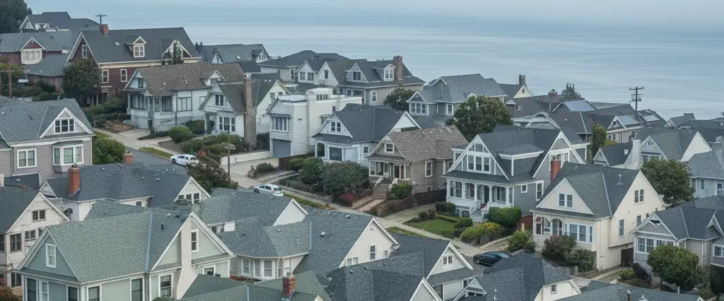 Well-maintained residential rooftops in Richmond, Contra Costa County, California, with rolling hills and coastal haze