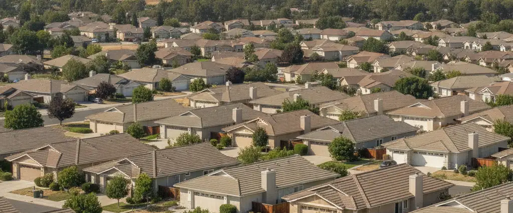 Well-maintained residential rooftops in San Ramon, Contra Costa County, California, with rolling hills and coastal haze