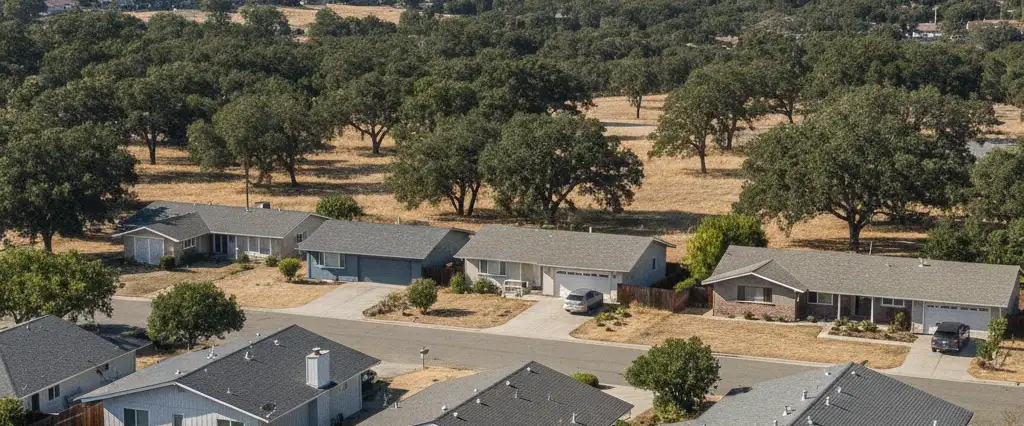 Well-maintained residential rooftops in Walnut Creek, Contra Costa County, California, with rolling hills and coastal haze