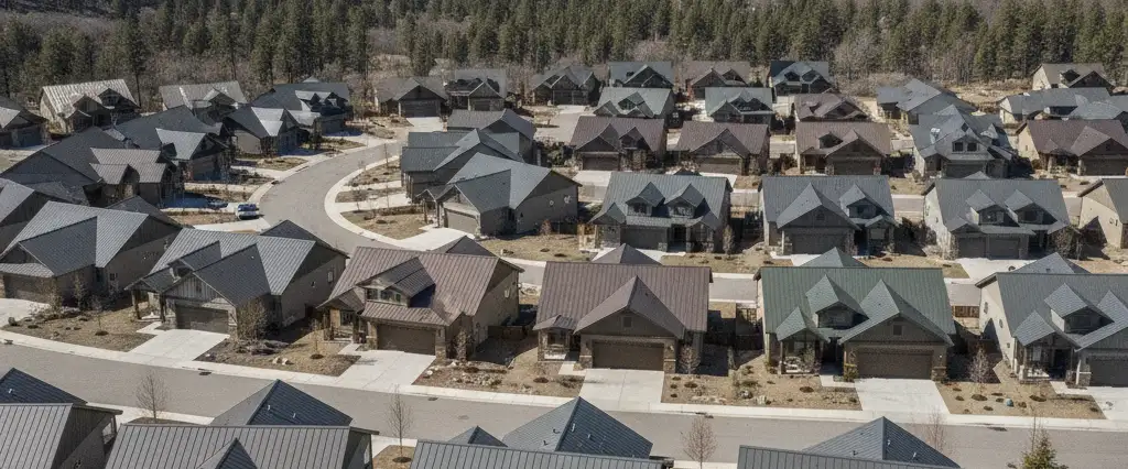 Well-maintained residential rooftops in El Dorado Hills, El Dorado County, California, with pine forest and the Sierra beyond