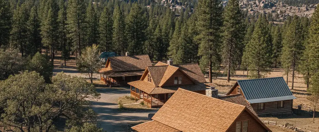 Well-maintained residential rooftops in Greenwood, El Dorado County, California, with pine forest and the Sierra beyond