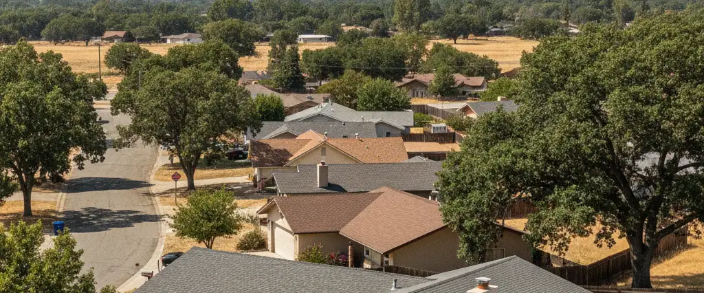 Well-maintained residential rooftops in Centerville, Fresno County, California, with the open valley and distant foothills