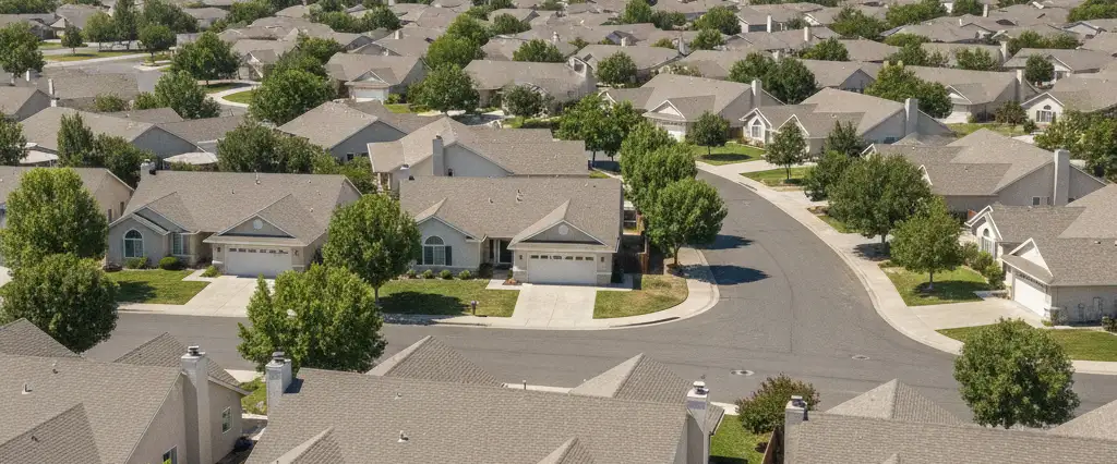 Well-maintained residential rooftops in Clovis, Fresno County, California, with the open valley and distant foothills