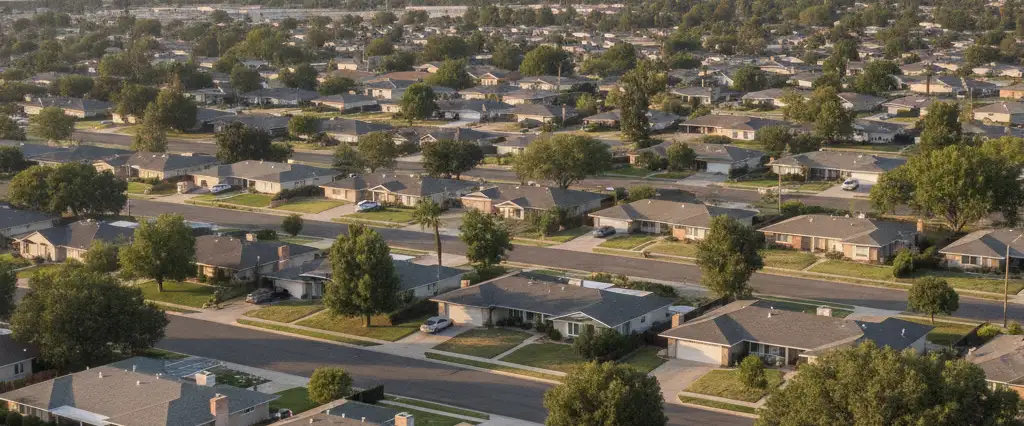 Well-maintained residential rooftops in Fresno, Fresno County, California, with the open valley and distant foothills