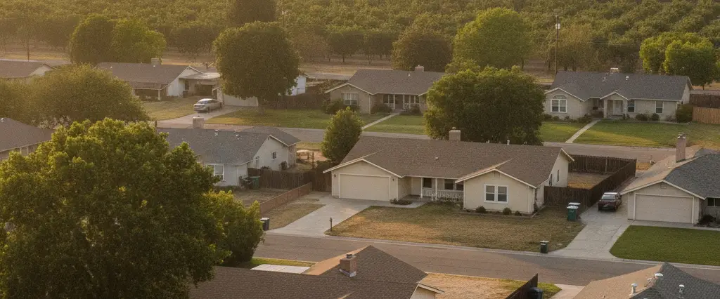 Well-maintained residential rooftops in Sanger, Fresno County, California, with the open valley and distant foothills