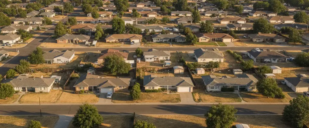 Well-maintained residential rooftops in Selma, Fresno County, California, with the open valley and distant foothills
