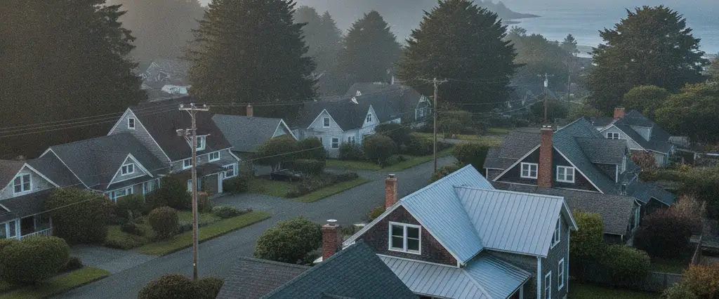 Well-maintained residential rooftops in Bayview, Humboldt County, California, with tall conifers and coastal fog