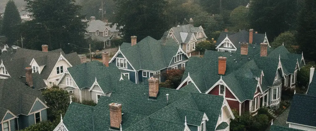 Well-maintained residential rooftops in Eureka, Humboldt County, California, with tall conifers and coastal fog