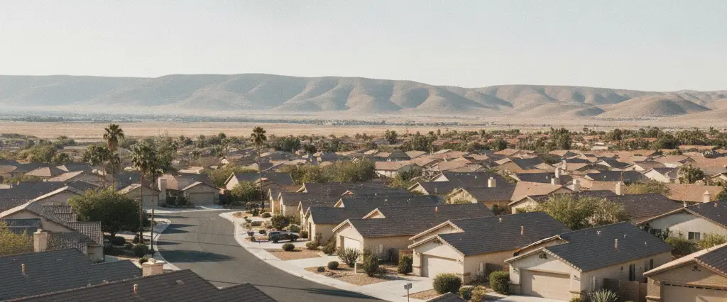 Well-maintained residential rooftops in Bakersfield, Kern County, California, with arid mountains in the distance