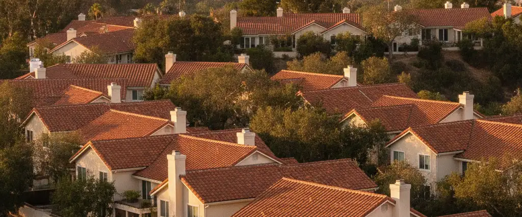 Well-maintained residential rooftops in Agoura Hills, Los Angeles County, California, with hazy coastal hills beyond